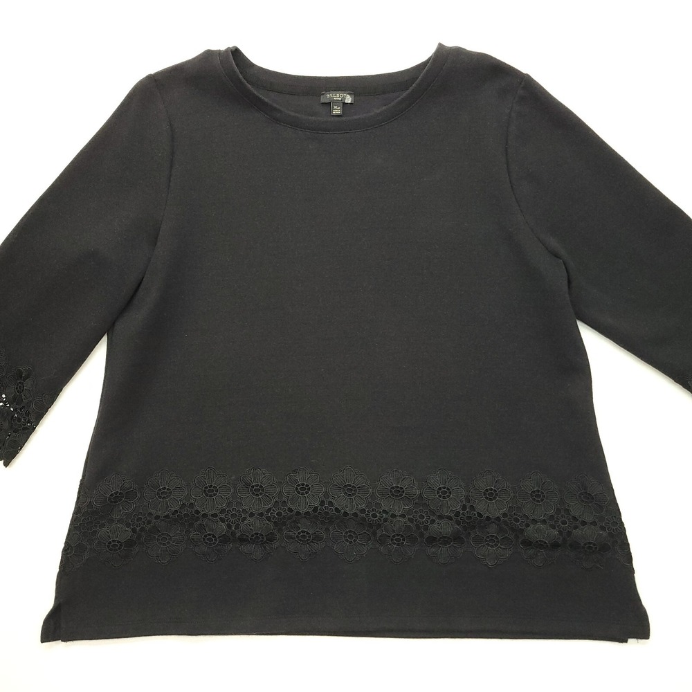 Talbots‎ Pullover Women XL Petite Black Lace 3/4 Sleeve Heavy Cotton Blend Shirt